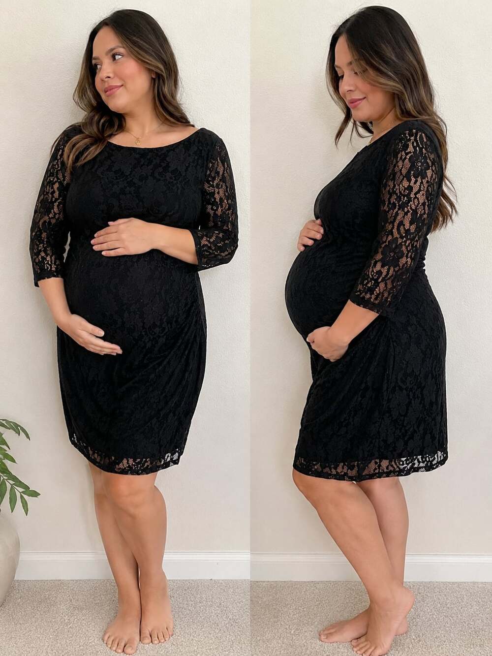 Momo Maternity Black Lace 3/4 Sleeve Fitted Dress